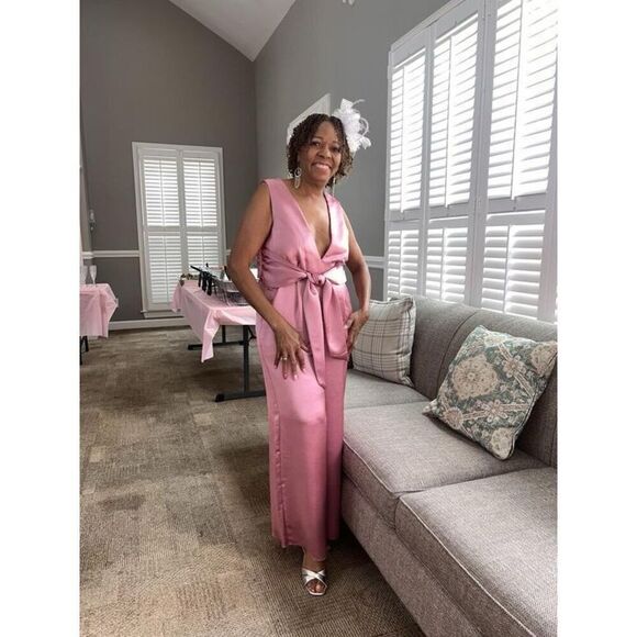 Express Size S Semi Formal Satin Jumpsuit Blush Pink Bow Tie Back Feminine New - Picture 6 of 15